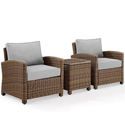 Crosley Furniture KO70052WB-GY Bradenton Outdoor Wicker 3-Piece Seating Set (2 Arm Chairs, Side Table), Weathered Brown with Gray Cushions