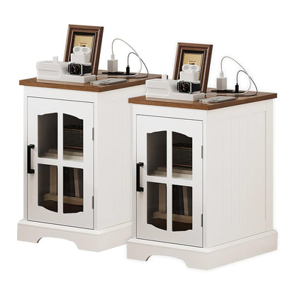 Farmhouse End Table Set of 2 with Charging Station, Nightstand with Adjustable Shelf and Glass Door, White Side Table for Living Room, Bedroom