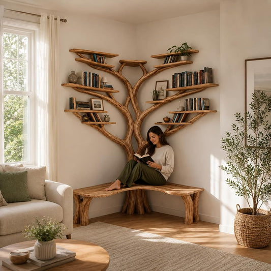 Handcrafted Live Edge Tree Branch Bookshelf with Bench for Living Room Bedroom, Rustic Natural Wood Shelf, Custom Wood Wall Shelf with 11-Tier Display Storage, Custom Size & Color