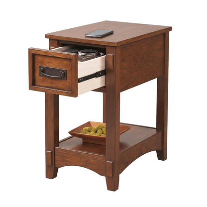 Brown narrow chairside end table with drawer
