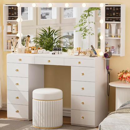 Vanity Desk with Mirror and Lights, White Vanity with Hidden Jewelry Storage Cabinet, Charging Station, 11 Drawers Makeup Vanity with Lights, Crystal Knobs, 3 Color Lighting Modes for Girls