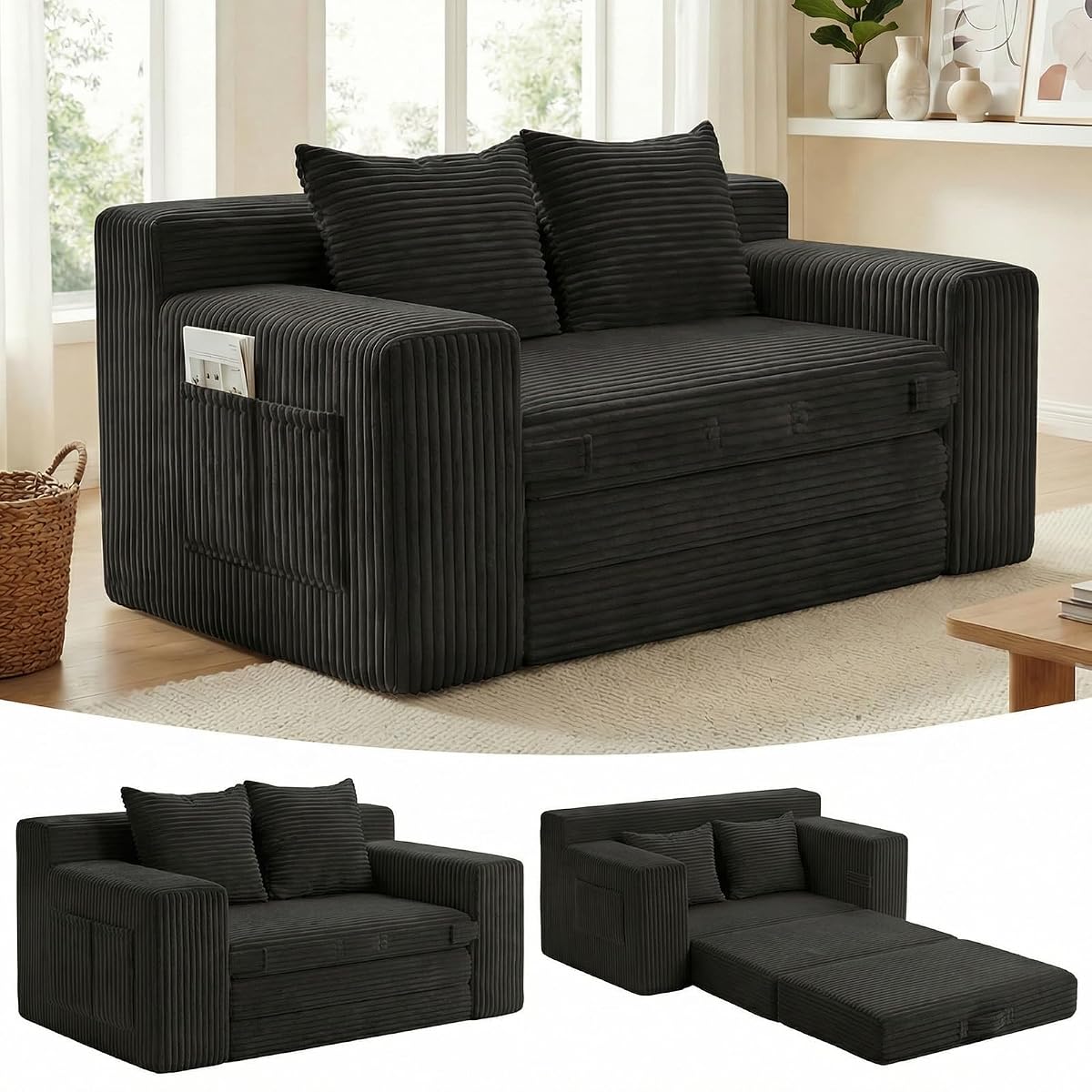 Boneless Couch,Boneless Loveseat Sleeper Sofa Bed – 3-in-1 Convertible Couch Bed with Side Pockets & Handle,Pull Out Corduroy Futon for Small Space,Living Room & Bedroom,2 Pillows Included,No Assembly