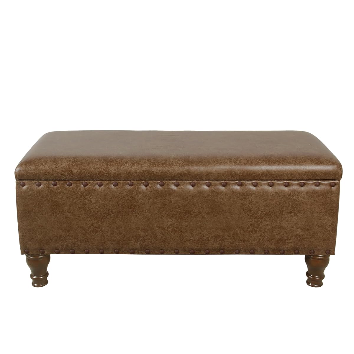 Home Decor | Upholstered Bench with Nailhead Trim | Large Faux Leather Ottoman with Storage for Living Room & Bedroom | Decorative Home Furniture, Brown Faux Leather