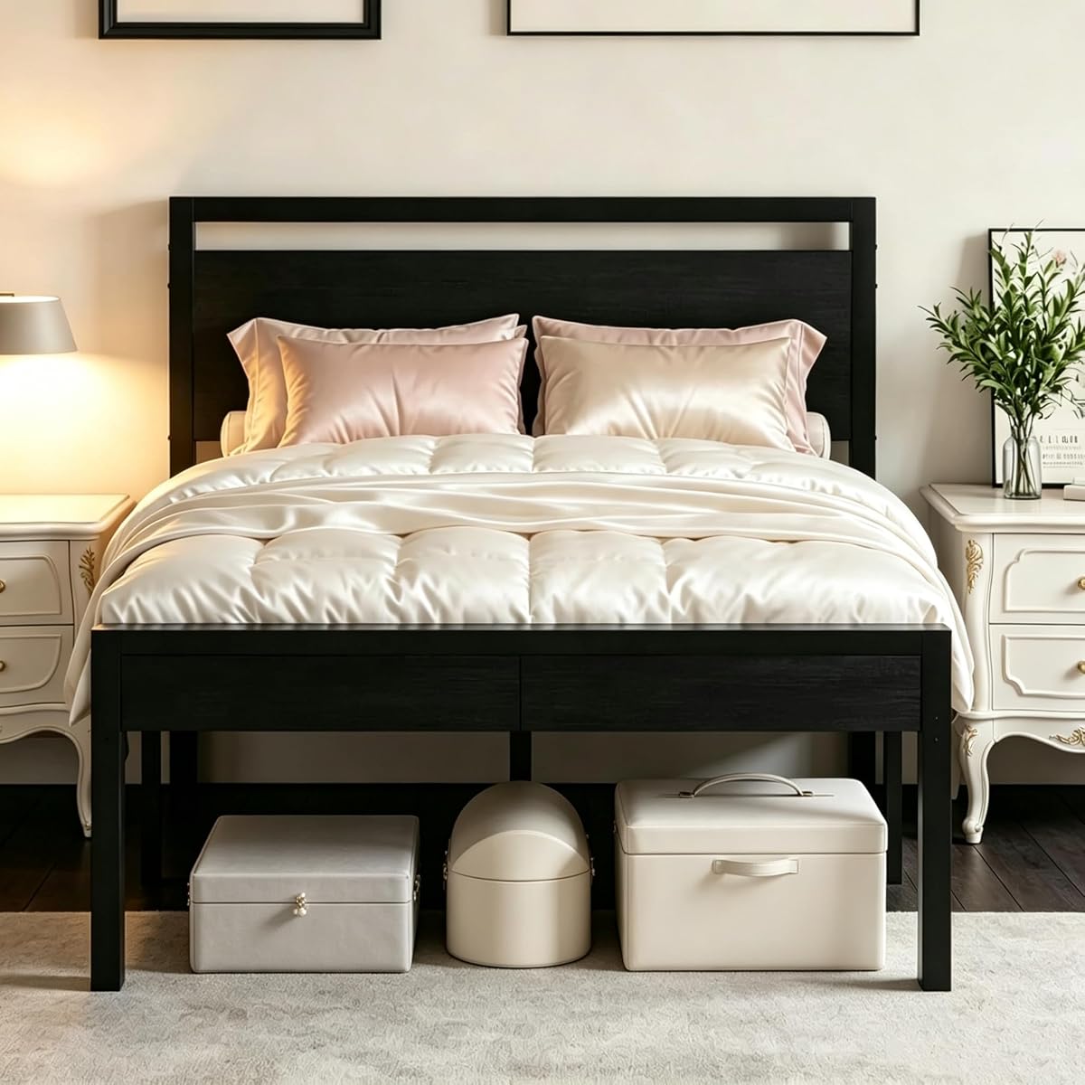 Metal Full Bed Frame with Wood Headboard, Black Platform Bed