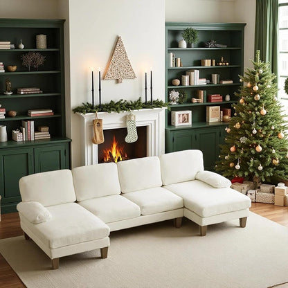 110" Sectional Couches for Living Room,U Shaped Couch with Double Chaise, 4-Seat Sofa Set with Chenille Fabric for Home Furniture,Beige