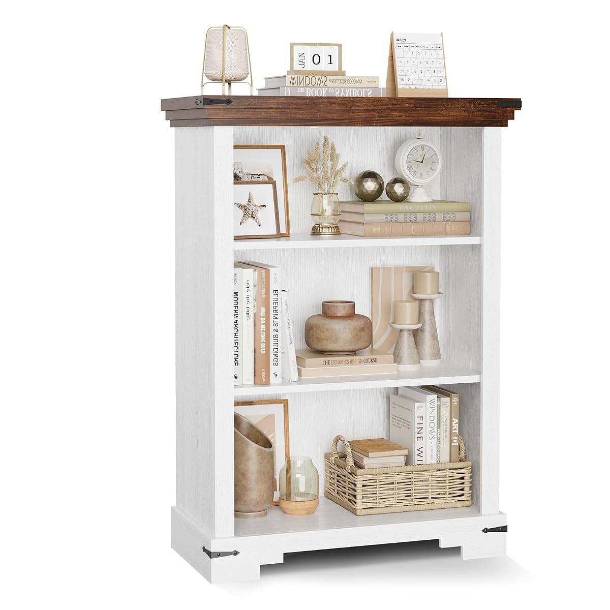 3-Tier Farmhouse Bookshelf for Students, Short Bookcase with Adjustable Shelf