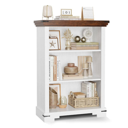 3-Tier Farmhouse Bookshelf for Students, Short Bookcase with Adjustable Shelf