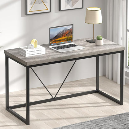 Modern Home Office Desk, Industrial Vintage Computer Desk, Rustic Wood and Metal Study Writing Table, Simple Work Gaming PC Desks for Bedroom Living Room, Light Grey 53 Inch