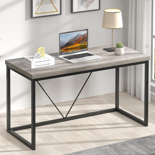 Modern Home Office Desk, Industrial Vintage Computer Desk, Rustic Wood and Metal Study Writing Table, Simple Work Gaming PC Desks for Bedroom Living Room, Light Grey 53 Inch