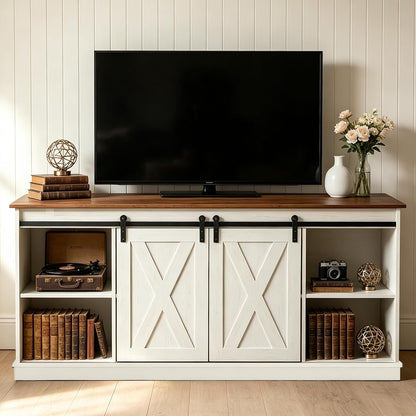 Farmhouse TV Stand 65 Inch, Wooden Entertainment Center, White