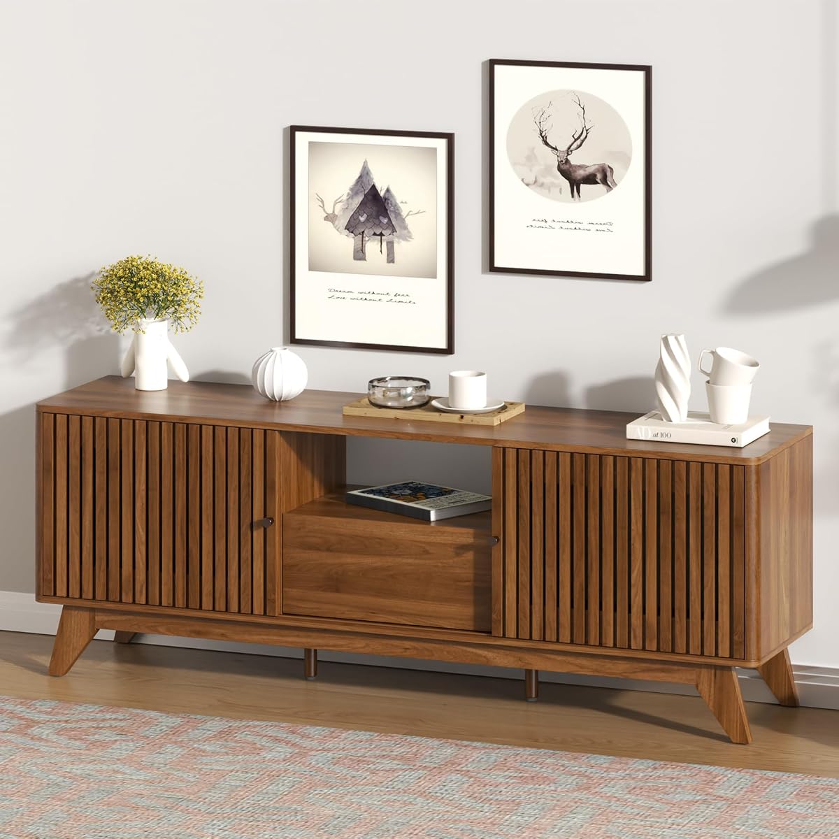 TV Stand for Tvs up to 75", Mid Century Modern TV Console with Sliding Door