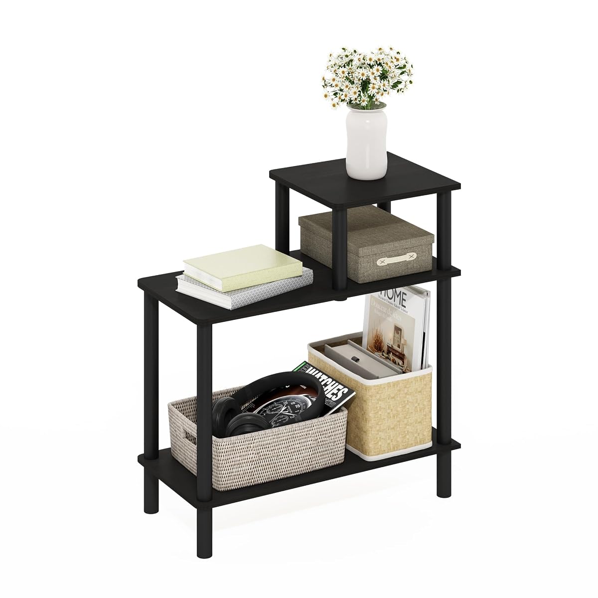 Turn-N-Tube Side Table, 3-Tier Rectangle Sofa End Table with Open Shelf, Toolless Assembly Night Stand, Bedside Table, for Living Room, Bedroom, Espresso