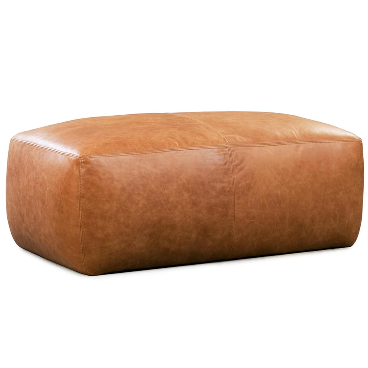 POLY & BARK Denver Ottoman – 43" Large Pouf with Feather-Down Topper – Full-Grain Leather Upholstered Pouf Ottoman for Living Room – Vintage Italian Leather in Cognac Tan