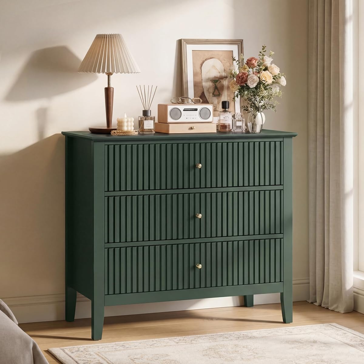 Fluted 3 Drawer Dresser, 32 inch Wide Dresser Nightstand for Bedroom