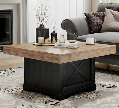 31.5 in Rustic Coffee Table for Living Room with X-Design, Square | Farmhouse Center Table, Wooden Pedestal, Small Space, Home Office Tea Accent Table for Apartment, Easy Assembly, Dark Oak