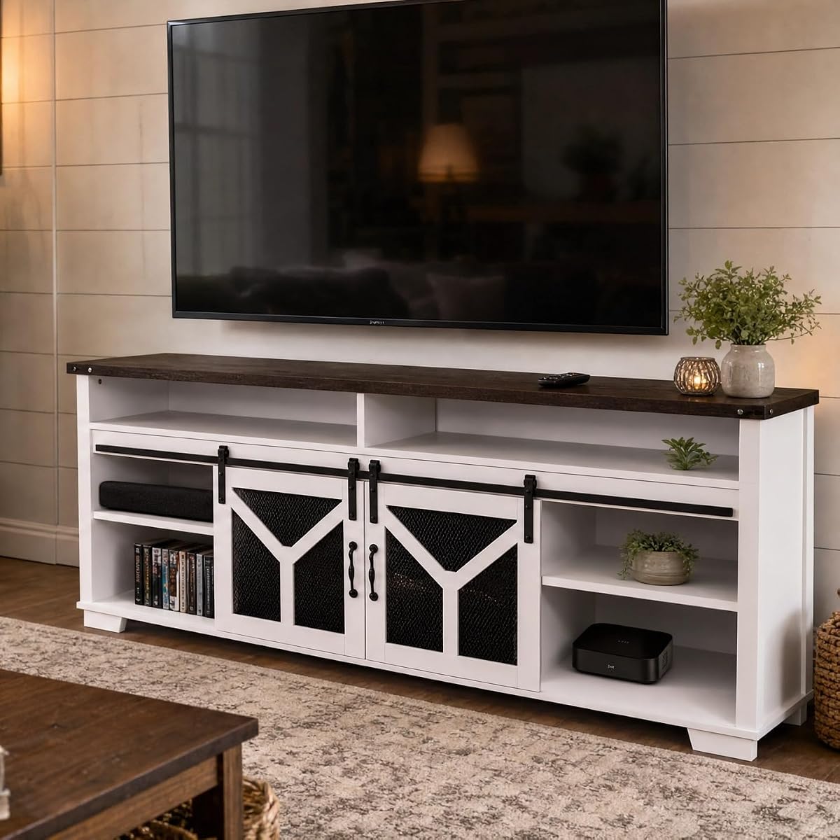 65" Farmhouse TV Stand with Sliding Barn Doors, White & Walnut