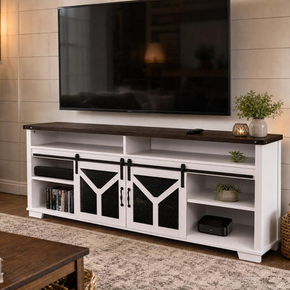 65" Farmhouse TV Stand with Sliding Barn Doors, White & Walnut