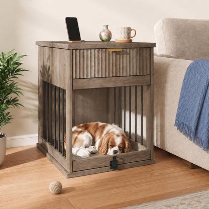 Wooden Dog Crate Furniture End Table with Drawer for Small Dogs (Grey)