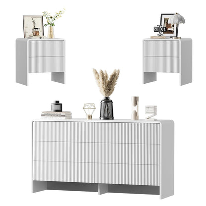 3 Piece Bedroom Dresser Set, 6 Drawer Dresser with 2 Nightstands, Fluted Chest of Drawers with Pop-Up Design, Modern Storage Furniture for Bedroom, Living Room, Entryway, White