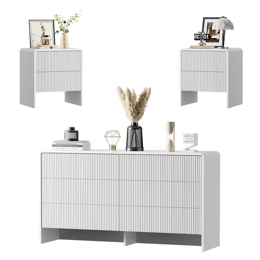 3 Piece Bedroom Dresser Set, 6 Drawer Dresser with 2 Nightstands, Fluted Chest of Drawers with Pop-Up Design, Modern Storage Furniture for Bedroom, Living Room, Entryway, White