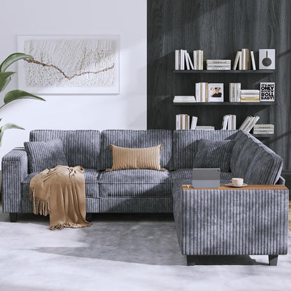 97” Modular Sectional Sofa Corduroy Couch Sectional with 2 Pillows Oversized Sectional Sofa L Shaped Couch Armrests with Two Hidden Storage Space Sectional Couches for Living Room Grey
