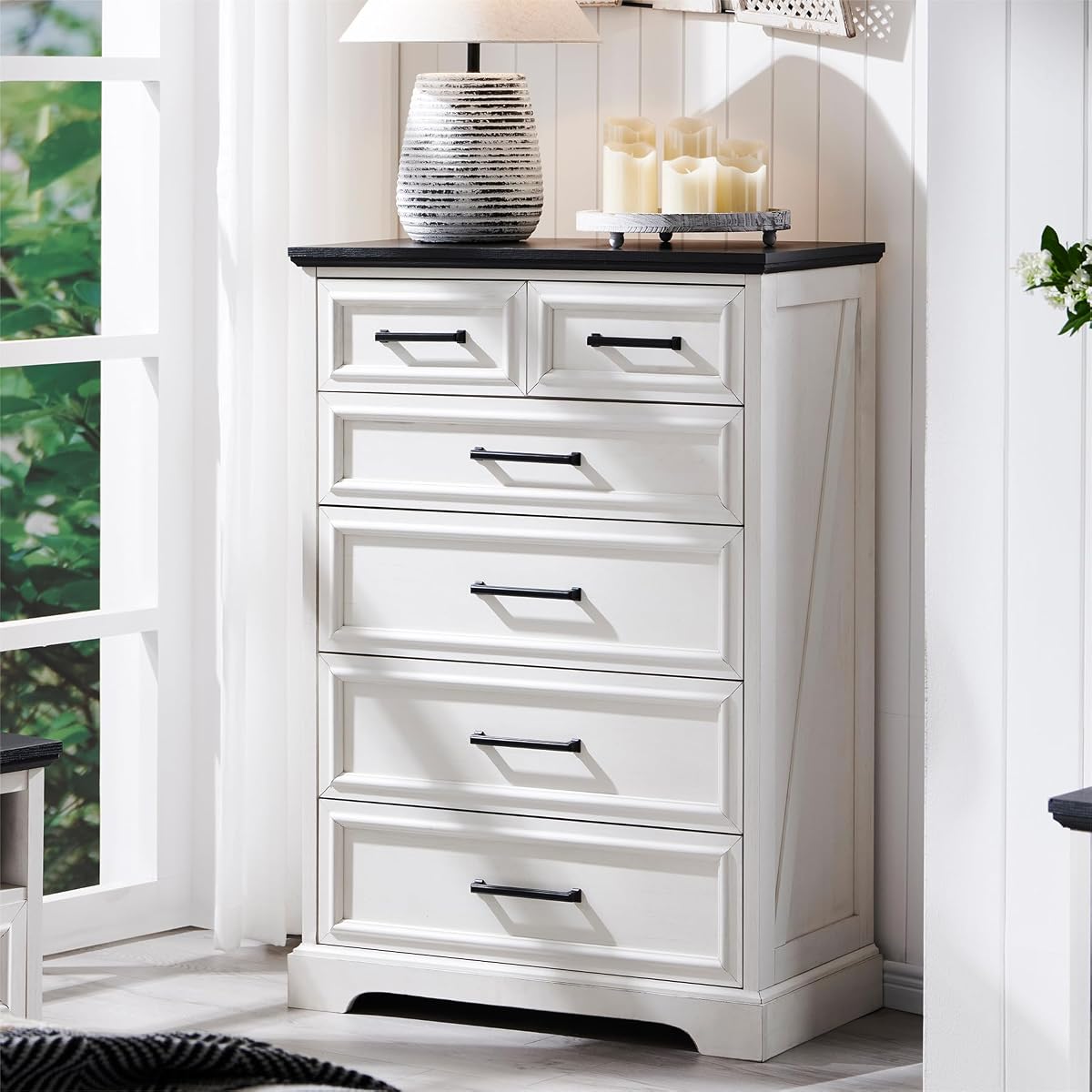 6 Drawer Dresser, Tall Farmhouse Chest for Bedroom, Off White