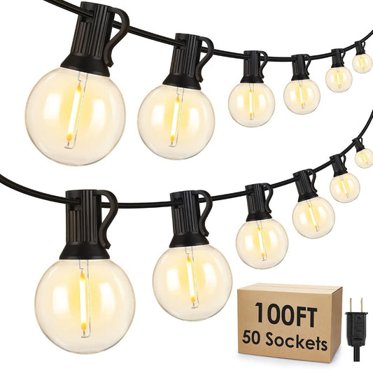 100Ft LED Outdoor String Lights, Dimmable Patio Lights, Waterproof Shatterproof 53 G40 Globe Bulb String for Backyard Bistro-Black 1 Pack