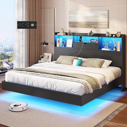 King Floating Bed Frame with LED Lights and Storage Headboard