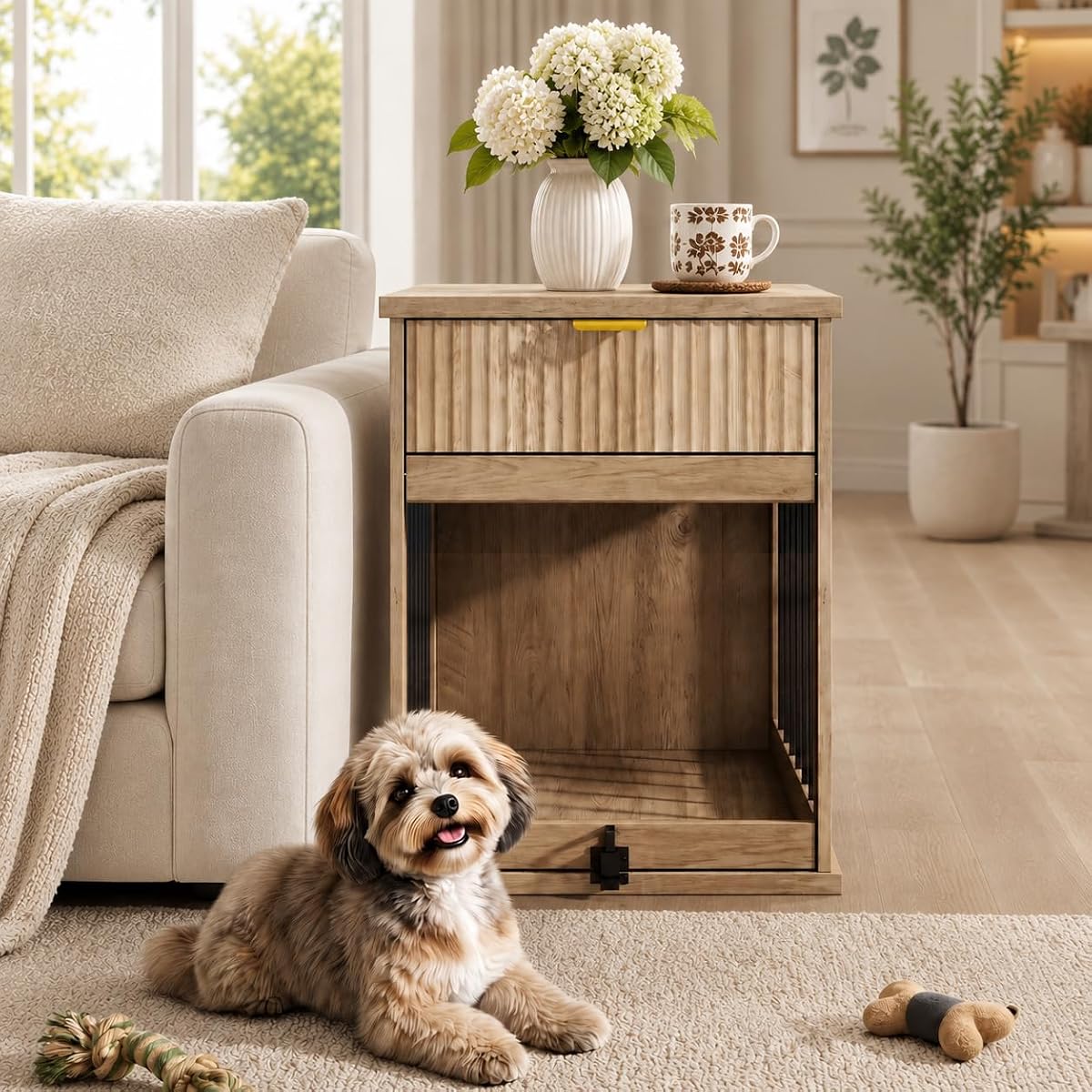 Grey Dog Crate End Table Wooden Kennel Furniture for Small Dogs