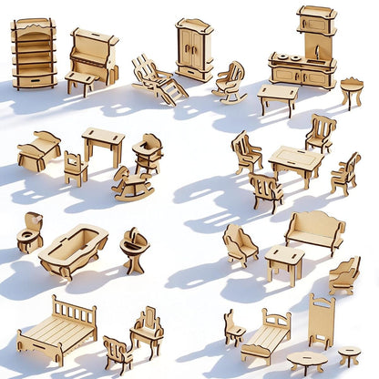 34 PCS DIY Wooden Dollhouse Furniture Set, 1:20 Scale Miniature Room Accessories for Kitchen Living Room Bathroom for DIY Crafts Project