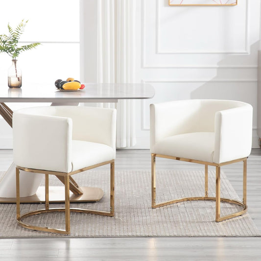 Faux Leather Dining Chairs Set of 2 Modern Barrel Arm Chairs with Golden Metal Frame, Upholstered Kitchen Chairs 18.5" Wide Accent Chairs for Living Room Dining Room Restaurant, White