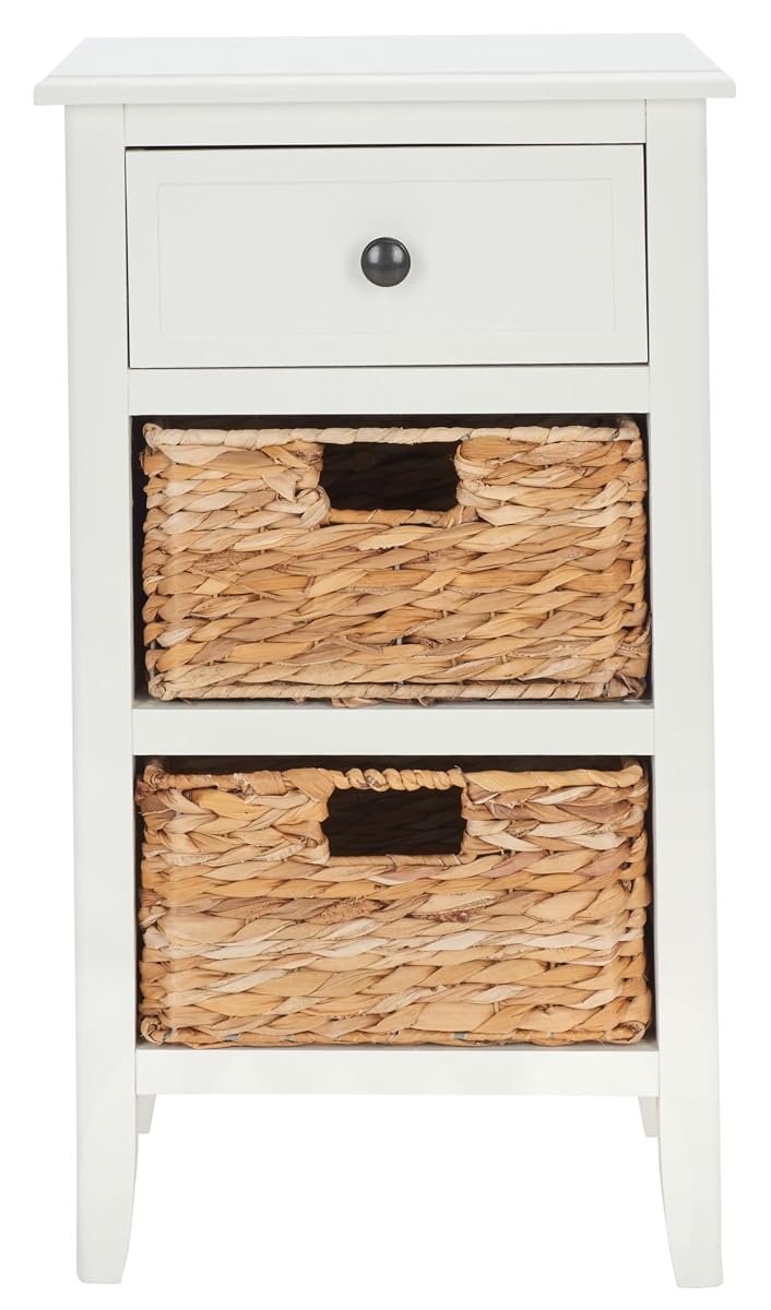 Vintage White Solid Wood Drawer Side Table with Coastal Basket Design
