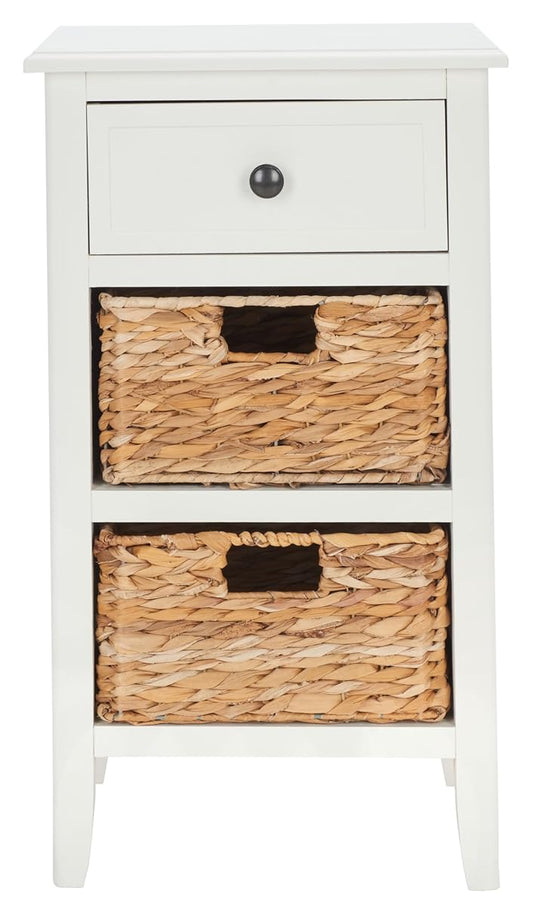 Vintage White Solid Wood Drawer Side Table with Coastal Basket Design