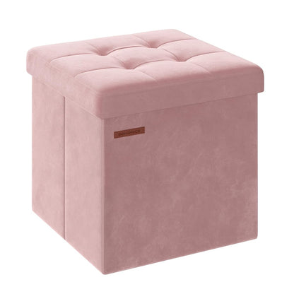 SONGMICS Small Storage Ottoman, Folding Ottoman Cube, 15 x 15 x 15 Inches, Footstool, Footrest, 11 Gal. (43 L), Velvet Surface, for Bedroom, Living Room, Dorm, Jelly Pink ULSF227R01