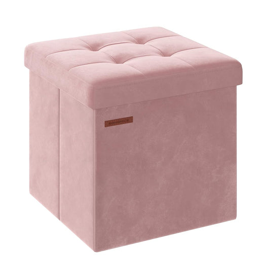 SONGMICS Small Storage Ottoman, Folding Ottoman Cube, 15 x 15 x 15 Inches, Footstool, Footrest, 11 Gal. (43 L), Velvet Surface, for Bedroom, Living Room, Dorm, Jelly Pink ULSF227R01