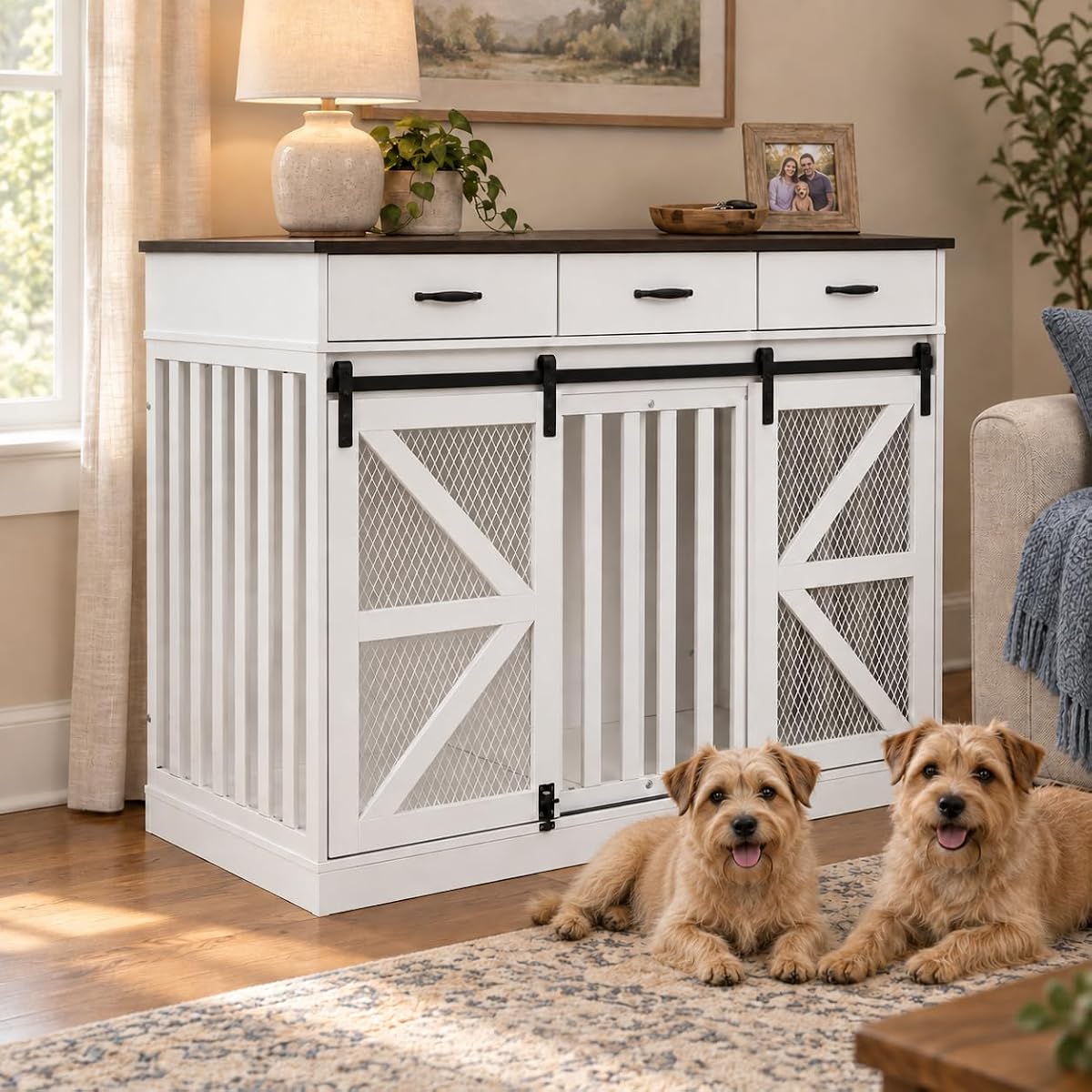 Furniture Dog Crate for Medium or 2 Small Dogs, Wooden Kennel
