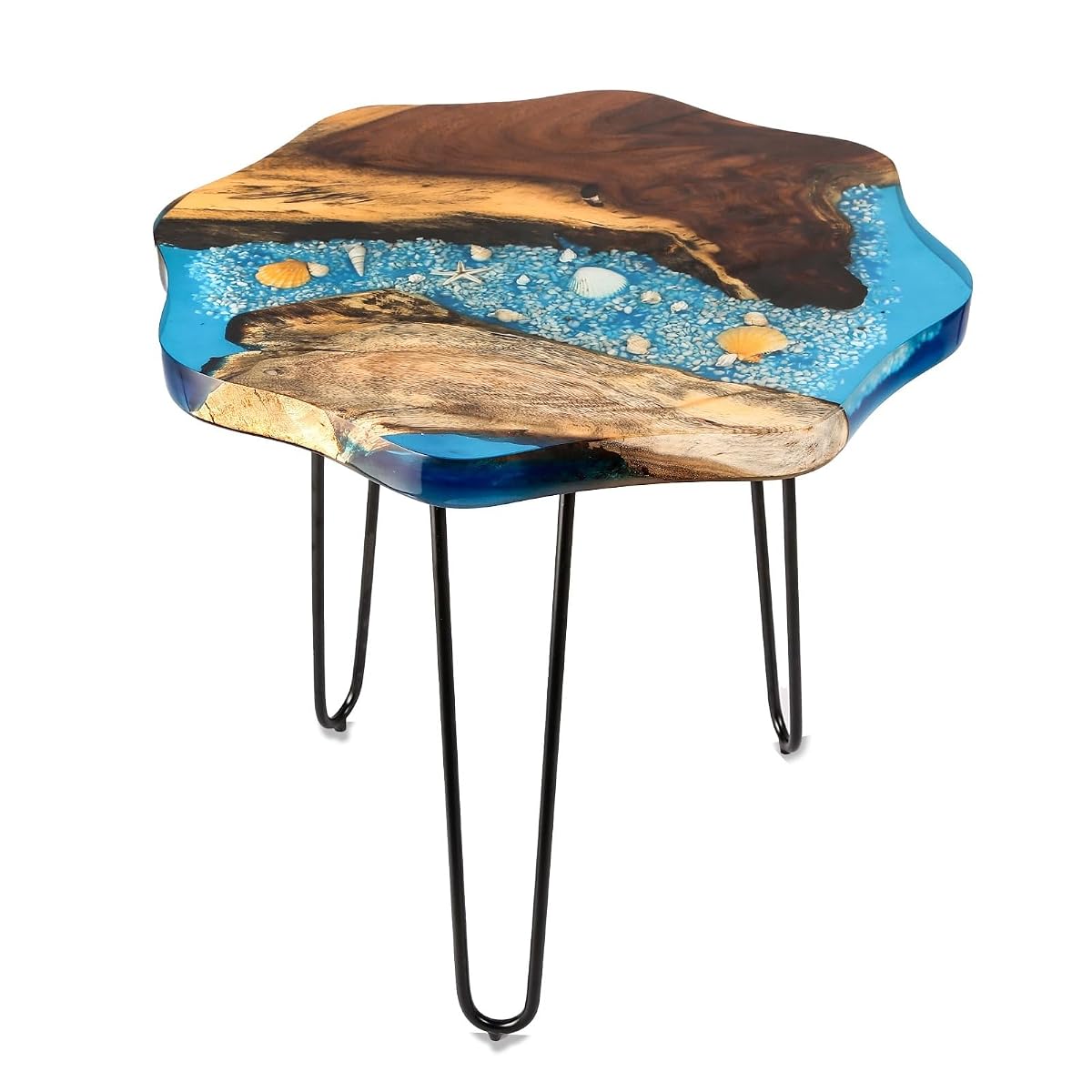 Crystal Clear Epoxy Resin Natural Edge Wood end Table, Wood Resin Side Table Hand Made Craft Coffee Table with Hairpin legs-20 inch Tall (Blue Seashell)