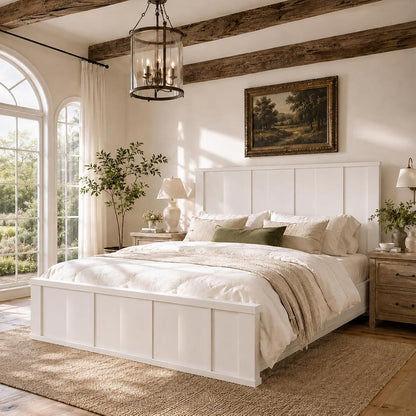 Queen Bed Frame with 50" Tall Headboard, Farmhouse Platform Bed