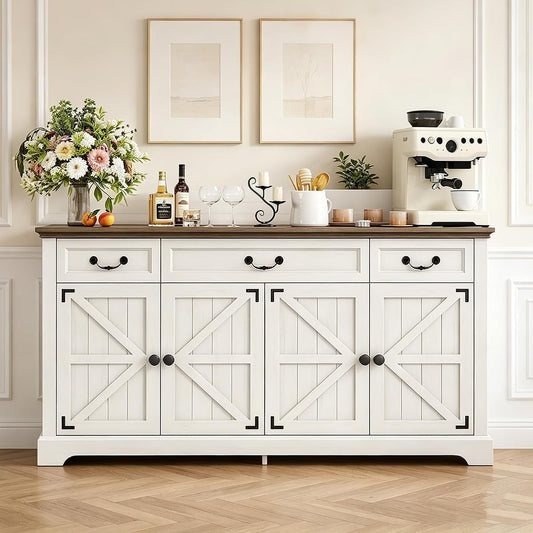 Sideboard Buffet Cabinet with 3 Drawers and 4 Doors,65",White