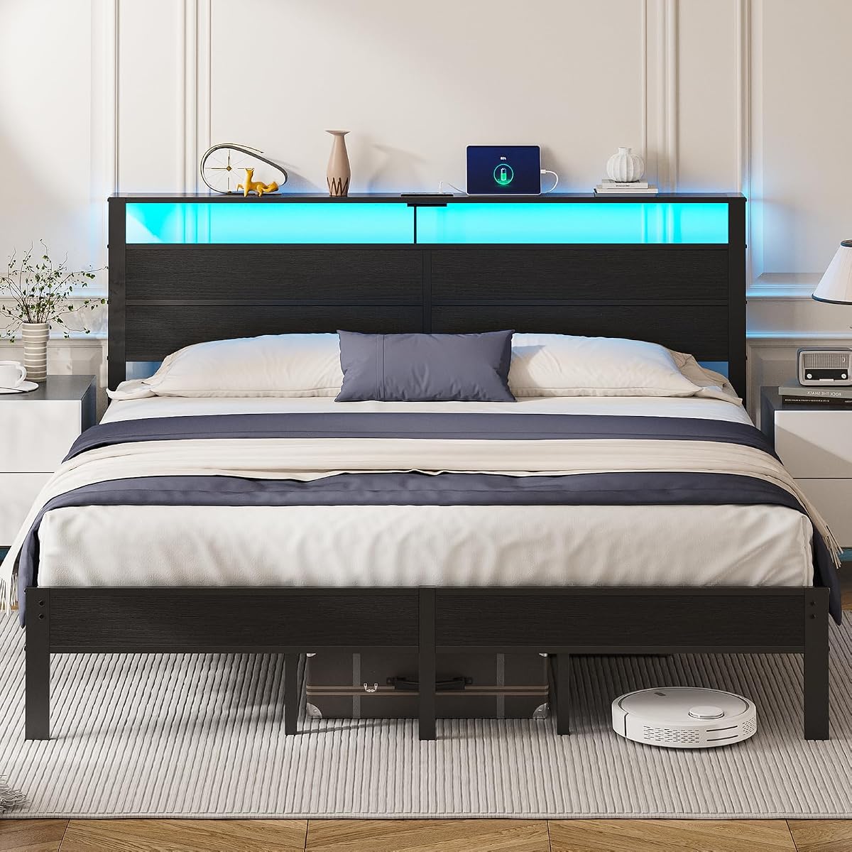 King Size Bed Frame with LED Lights and Charging Station
