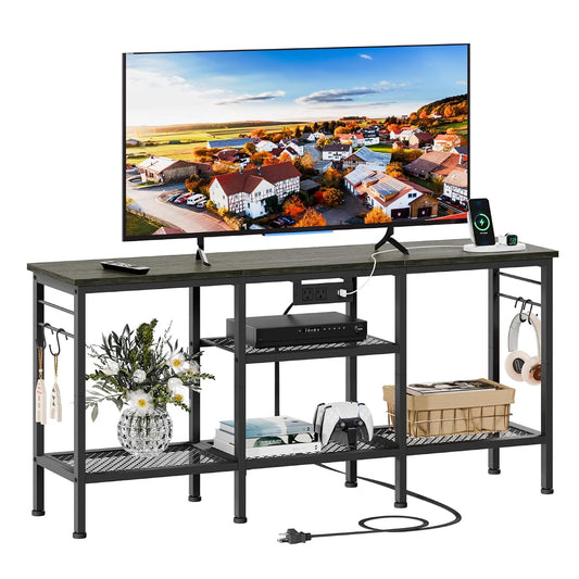 TV Stand with Power Outlets, Entertainment Center with Open Storage Shelves for TVs up to 55 Inch, Media Console Table with Soundbar Shelf for Living Room, Bedroom, Black Oak