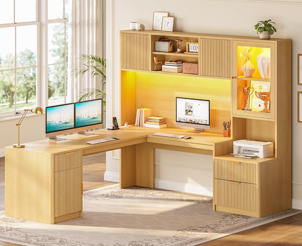 67" x 65" L Shaped Desk with Hutch, RGB LED Corner Computer Desk with Power Outlets, Fluted Home Office Desk with File Drawer, Storage Cabinet & Glass Display Cabinet for Gaming & Working, Oak