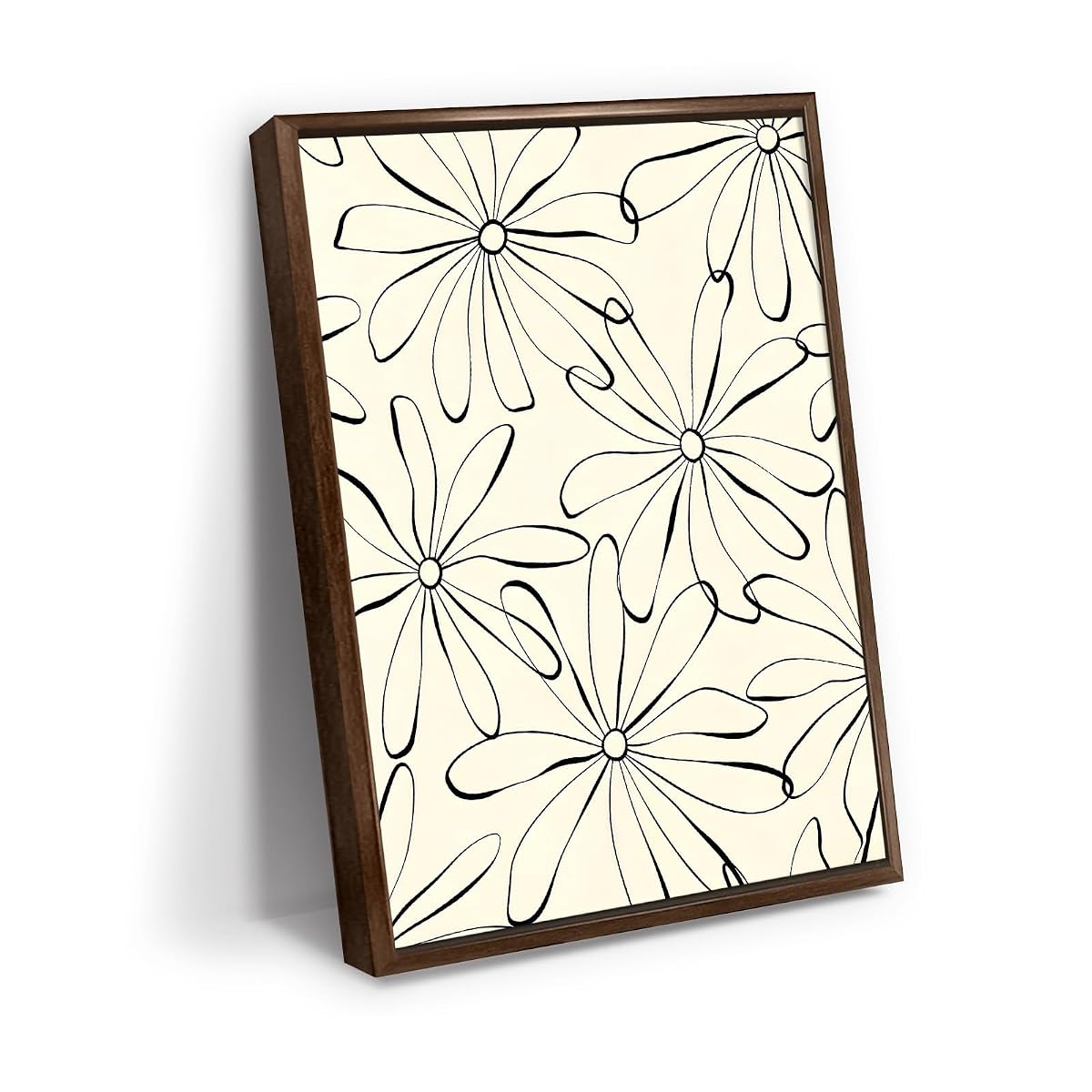 Black Line Daisy Flower Pattern Wall Art Canvas Print, minimal floral line art artwork in black and cream for bedroom, bedroom, office, apartment, modern farmhouse, and(20x30Inch,Dark Walnut Framed