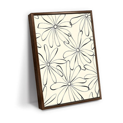 Black Line Daisy Flower Pattern Wall Art Canvas Print, minimal floral line art artwork in black and cream for bedroom, bedroom, office, apartment, modern farmhouse, and(20x30Inch,Dark Walnut Framed