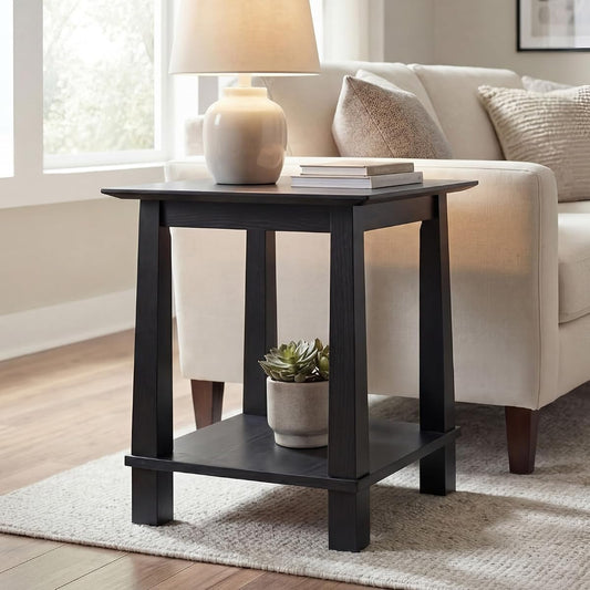 2-Tier End Table, Small Side Table Living Room with Solid Wood Legs, Nightstand with Open Space Square Bedside Table for Bedroom, Black