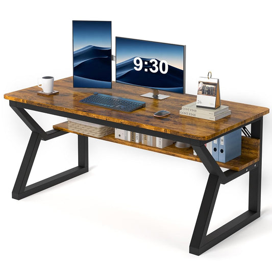Computer Desk, Office Desk with Storage(55 x 19.7 in, Rustic Brown)