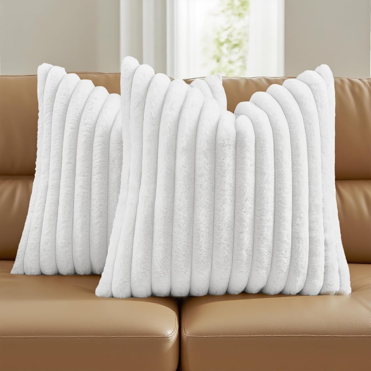 Pack of 2 Fluffy Faux Fur Throw Pillow Covers 18x18 Inch Elegant Striped Textured Decorative Cushion Cases Modern Accent Pillow for Couch Bed Living Room, White