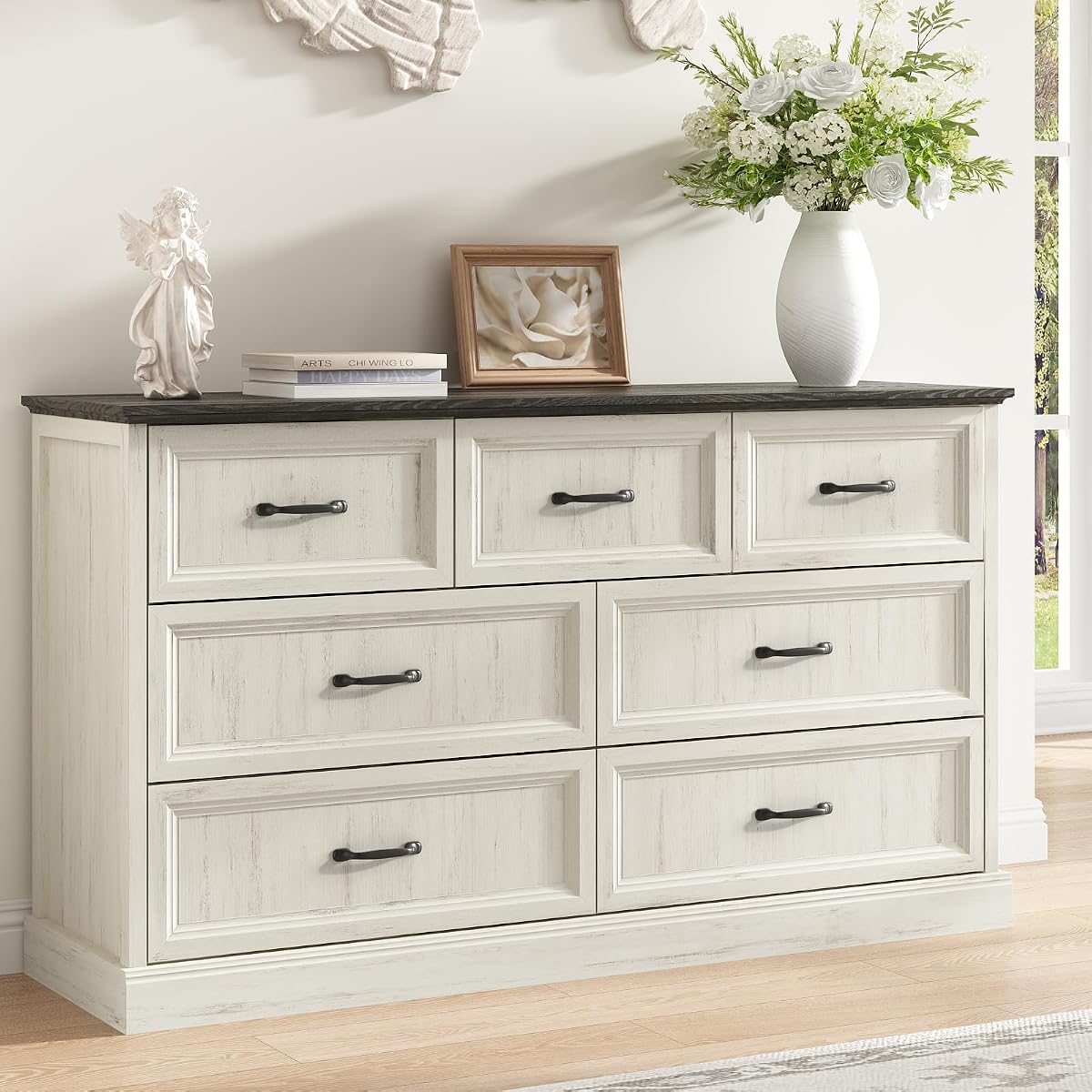 Farmhouse 7 Drawer Dresser for Bedroom, 55" White Dresser with TV Stand