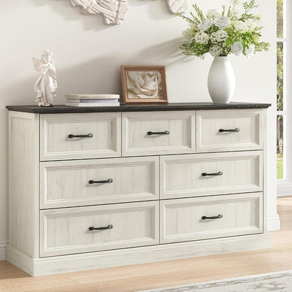 Farmhouse 7 Drawer Dresser for Bedroom, 55" White Dresser with TV Stand