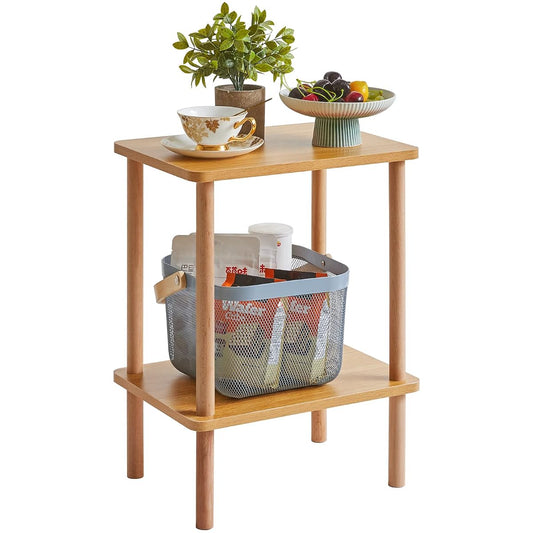 2-Tier Side Table, Solid Wood Tall End Table with Storage Shelves, Nightstand Bedside Table for Living Room Bedroom Office, No-Tool Assembly, Natural UWST002N